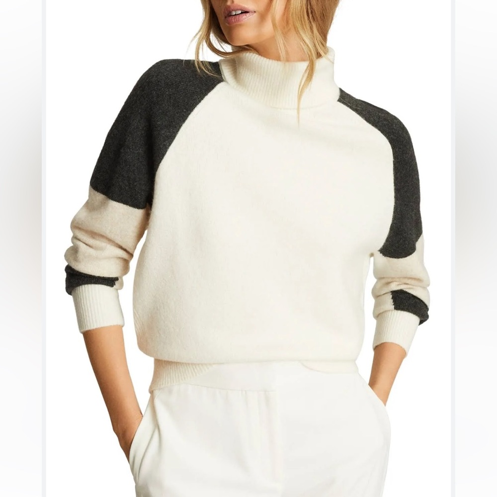 Reiss Roma - Colour Block Jumper Turtleneck Wool Blend in Camel Size S